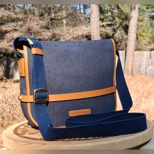 Vintage Dooney & Bourke Blue Denim & Tan Leather Crossbody Messenger Saddle Bag